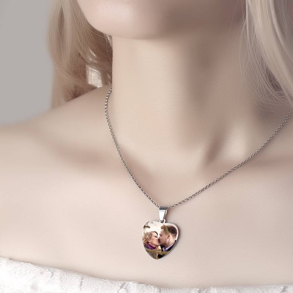 Engraved Heart Tag Photo Necklace Stainless Steel - Color Printing