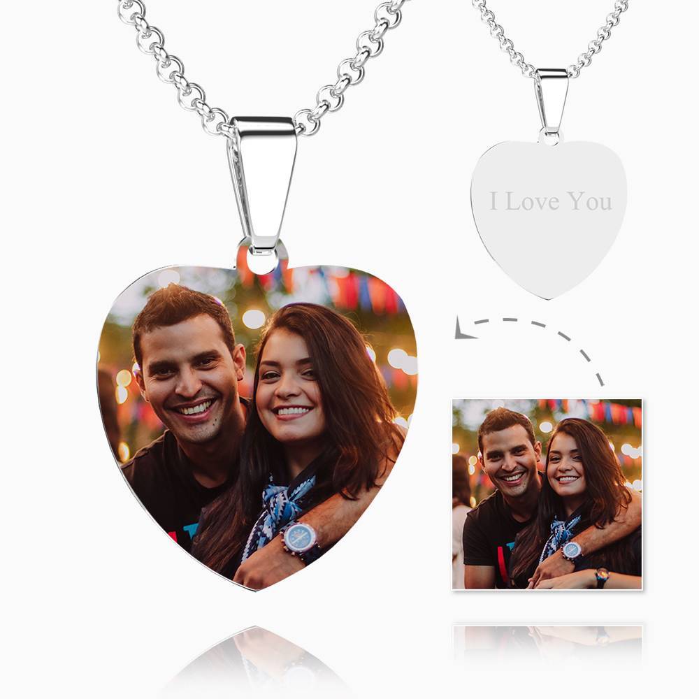Engraved Heart Tag Photo Necklace Stainless Steel