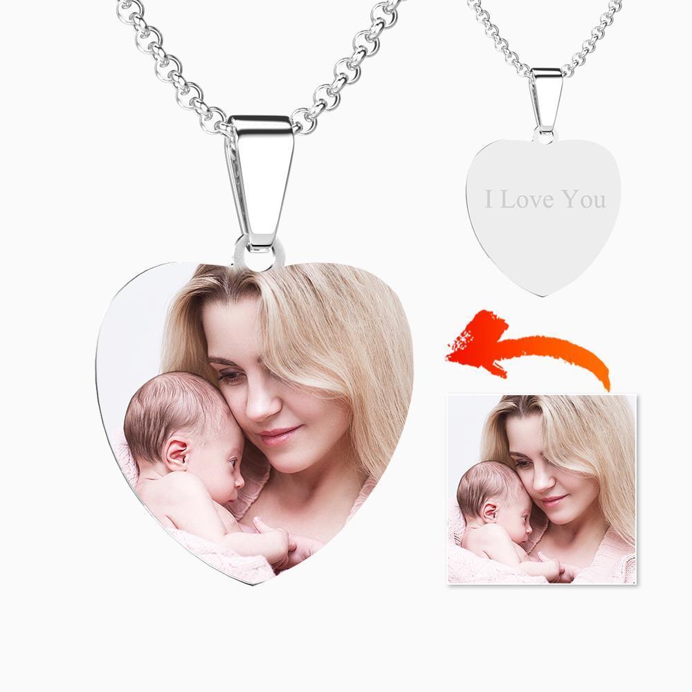 Engraved Heart Tag Photo Necklace Stainless Steel