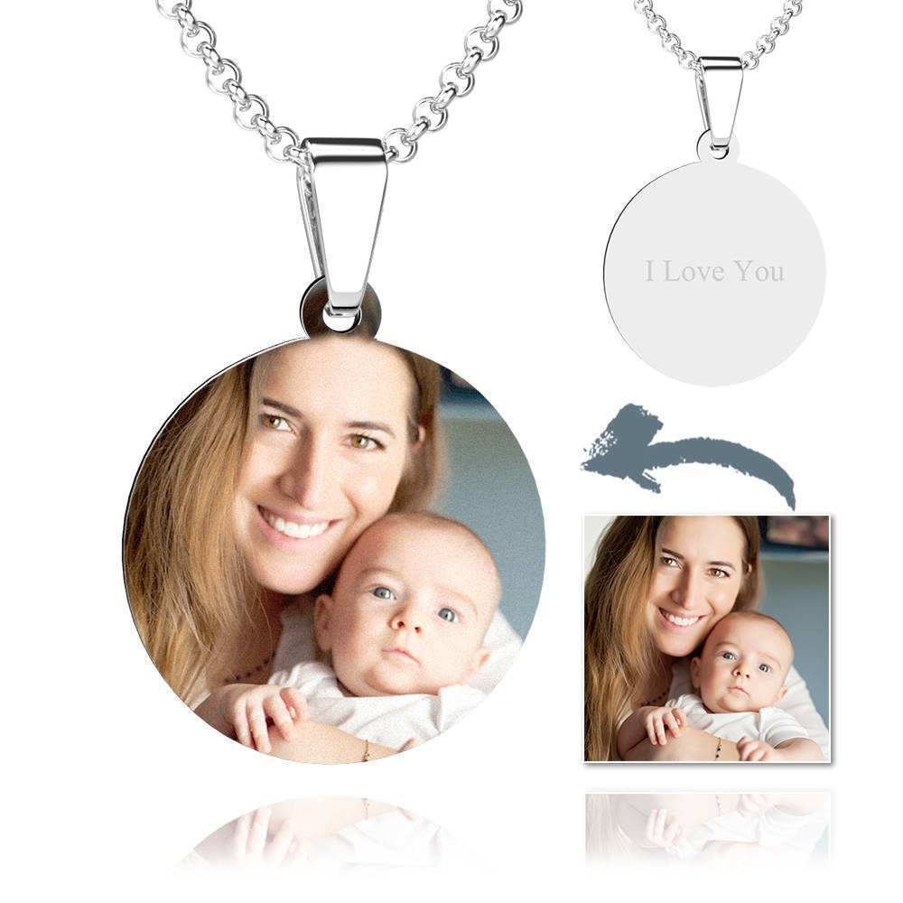 Engraved Round Tag Photo Necklace Stainless Steel