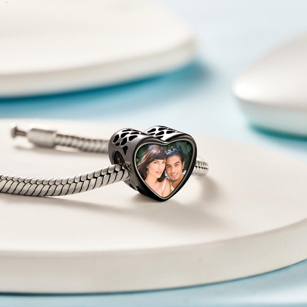 Custom Photo Charm Heart Bead Black Plated Charm Gift for Lover - soufeelau