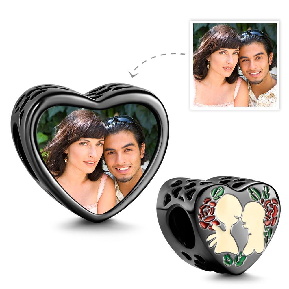 Custom Photo Charm Heart Bead Black Plated Charm Gift for Lover - soufeelau