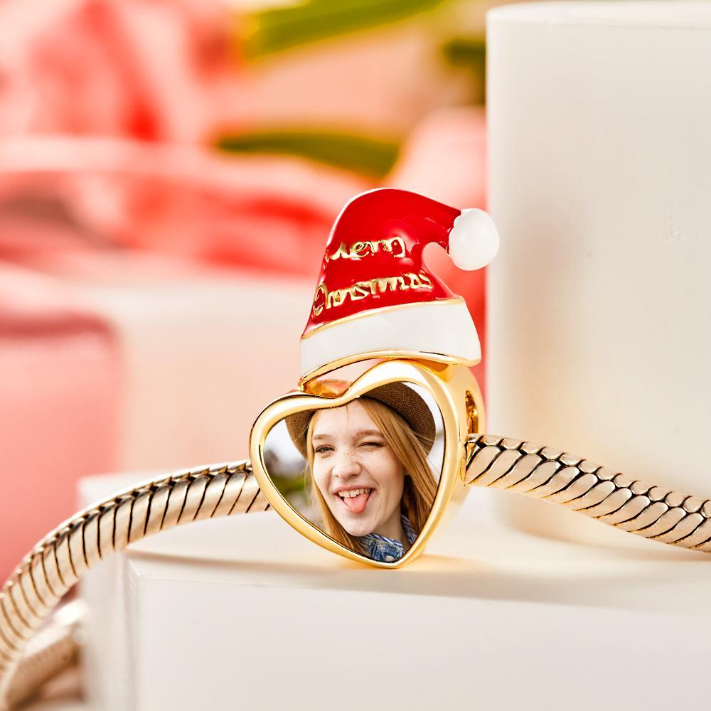 Custom Photo Charm Christmas Hat with Heart-shaped Charm Gift for Her - soufeelau