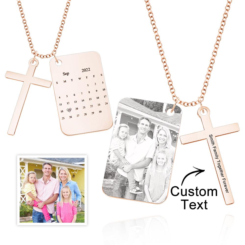 Personalized Photo Calendar Engraved Stainless Steel Cross Necklace Custom Message Pendant Father's Day Gift - soufeelau