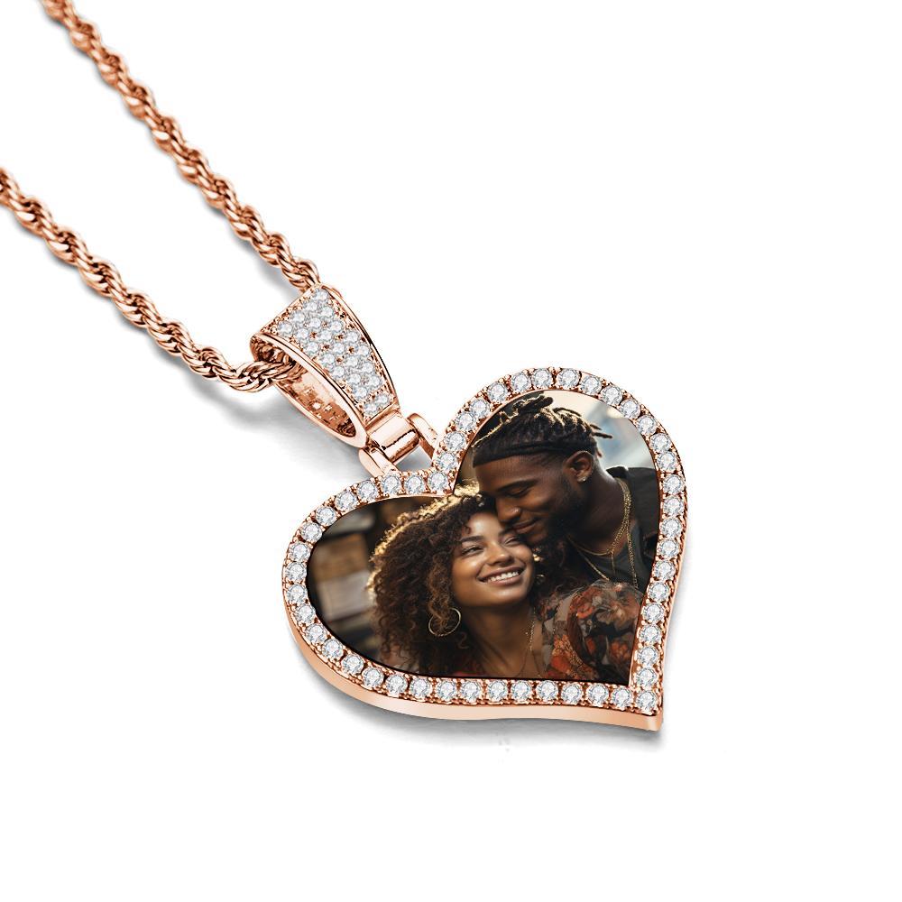 Custom Made Photo Heart Necklace with Hip Hop Pendant Round Necklace Iced out Cubic Zirconia Jewelry Gift for Him or Her - soufeelau