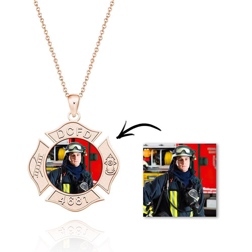 Custom Photo Engraved Fire Fighter Badge Photo Pendant Picture Charm with Name and Number - soufeelau