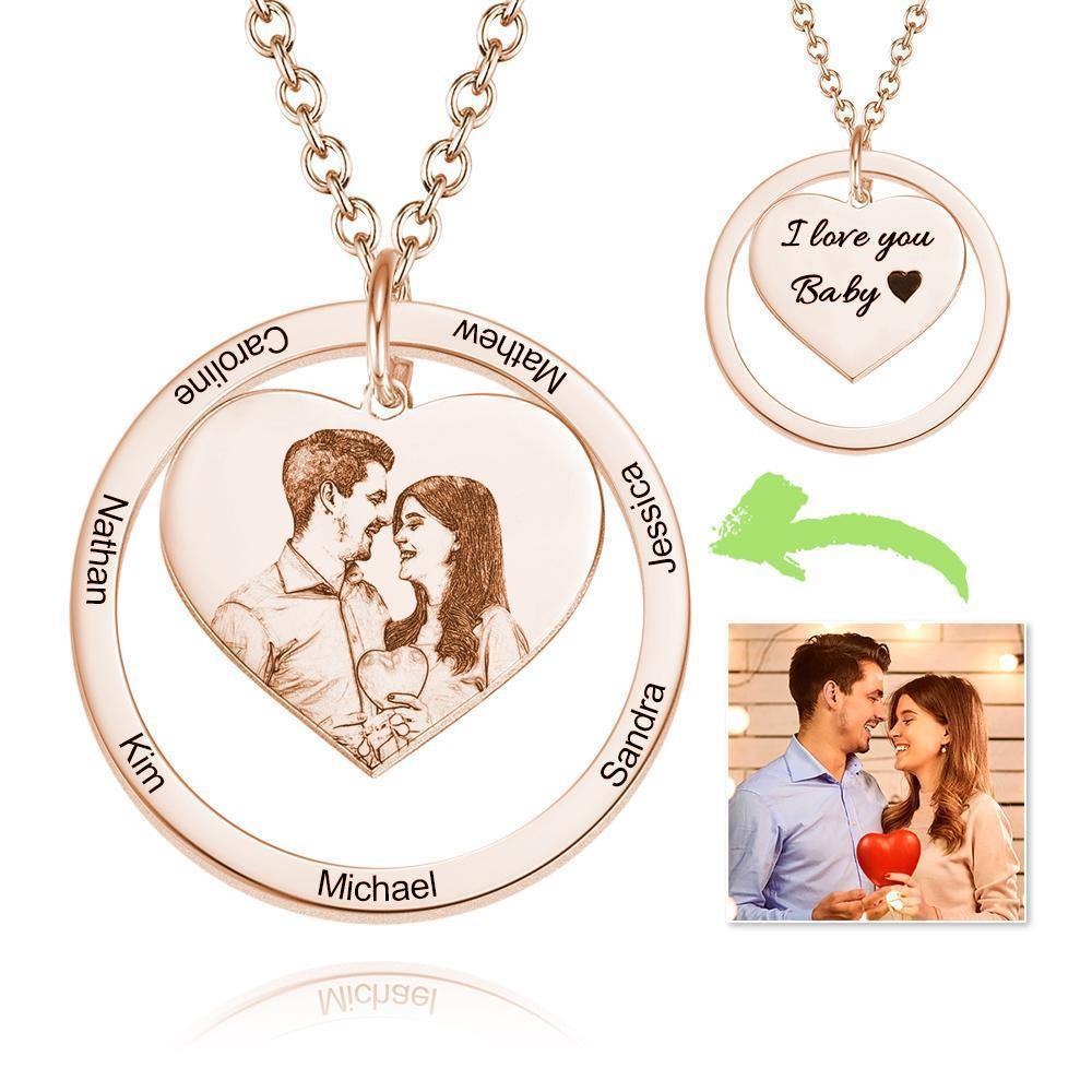 Photo Engraved Necklace Heart In Round Pendant Family Necklace for Her Rose Gold Plated - soufeelus