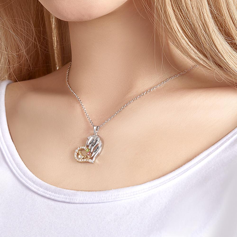 Custom Engraved Birthstone Necklace Heart Pendant Necklace Gift for Mom - soufeelau