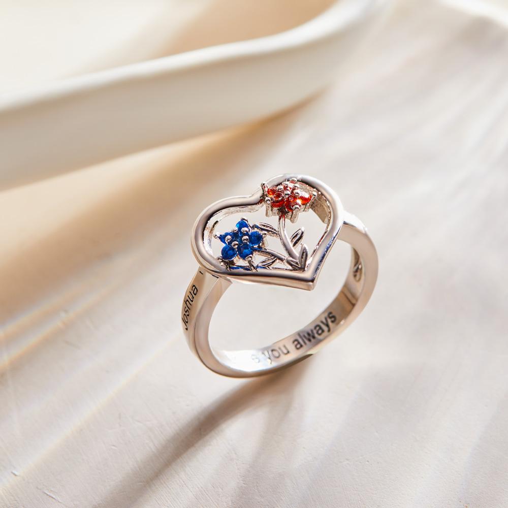 Custom Birthstone Engraved Rings Creative Flowers Gold Gifts - soufeelau