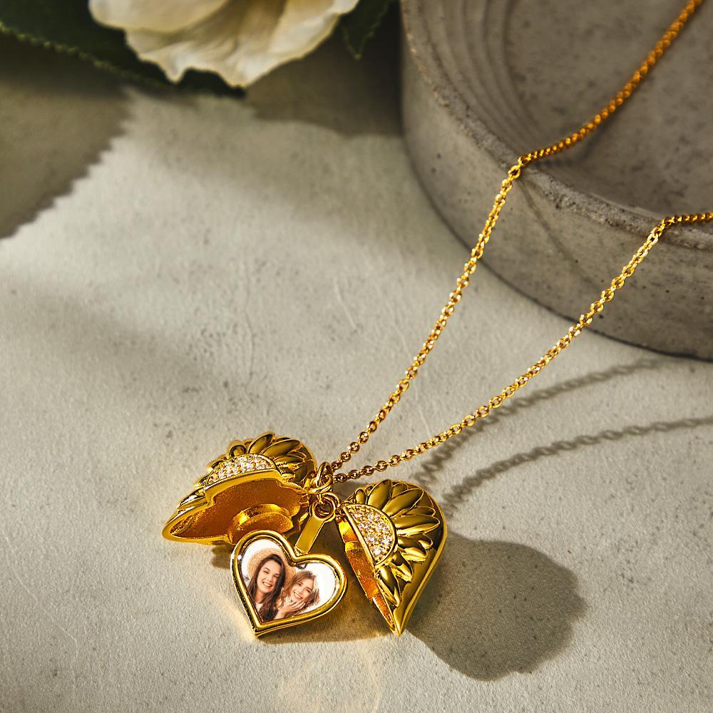 Custom Photo Engraved Necklace Sunflower Heart Pendant Necklace Gift for Women - soufeelau