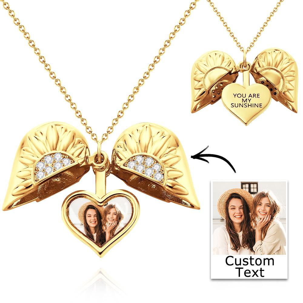 Custom Photo Engraved Necklace Sunflower Heart Pendant Necklace Gift for Women - soufeelau