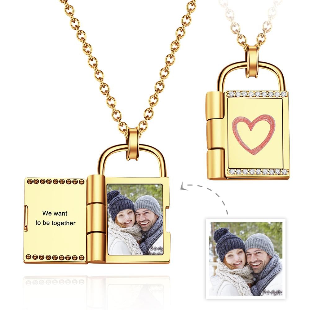 Custom Photo Engraved Print Frame Padlock Necklace Gift to Her - soufeelau