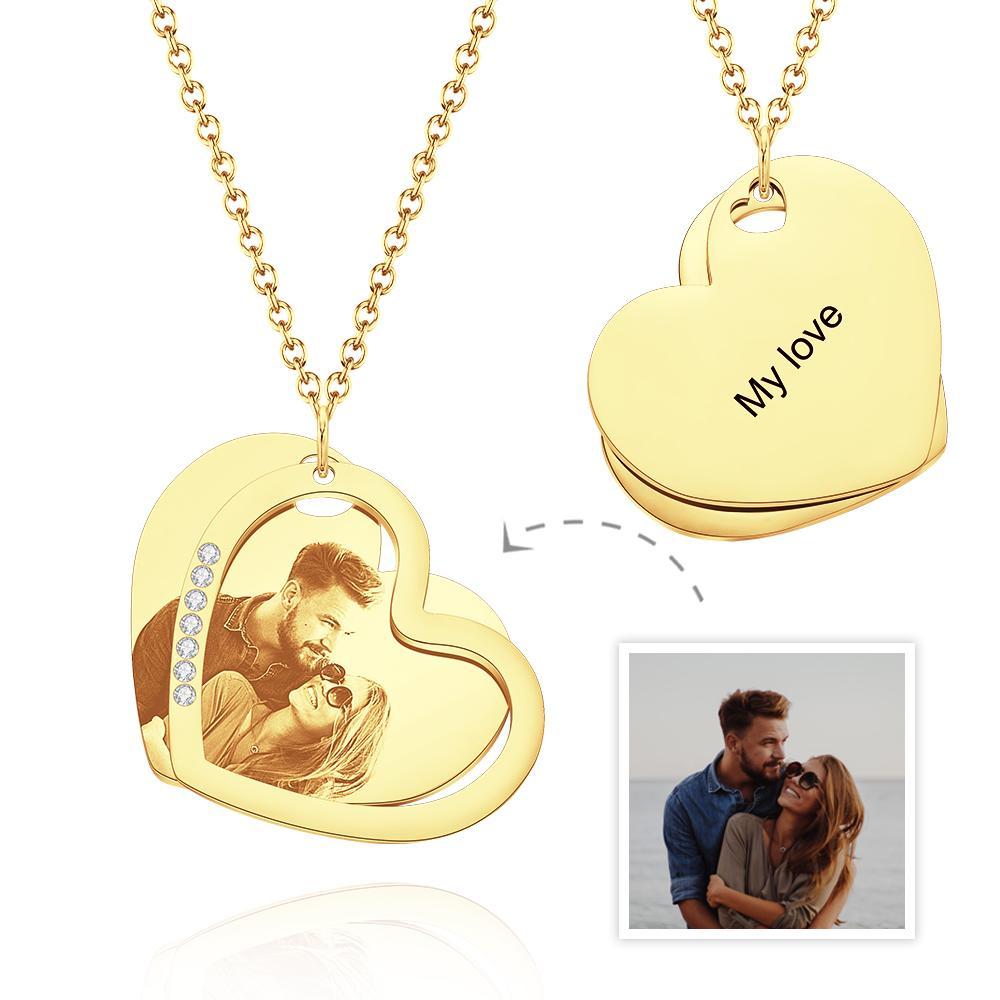 Custom Photo Engraved Necklace Double Layer Heart Shape Gifts - soufeelau