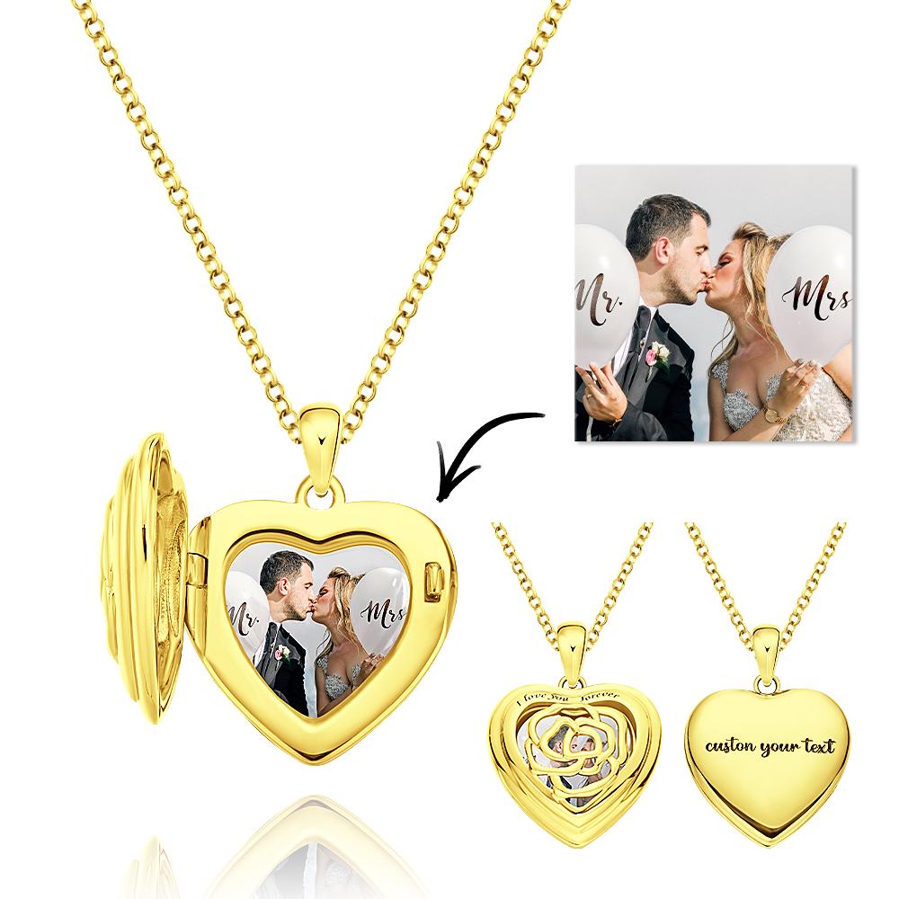 Custom Photo Engraved Necklace Heart Locket Rose Necklace Gift for Women - soufeelau
