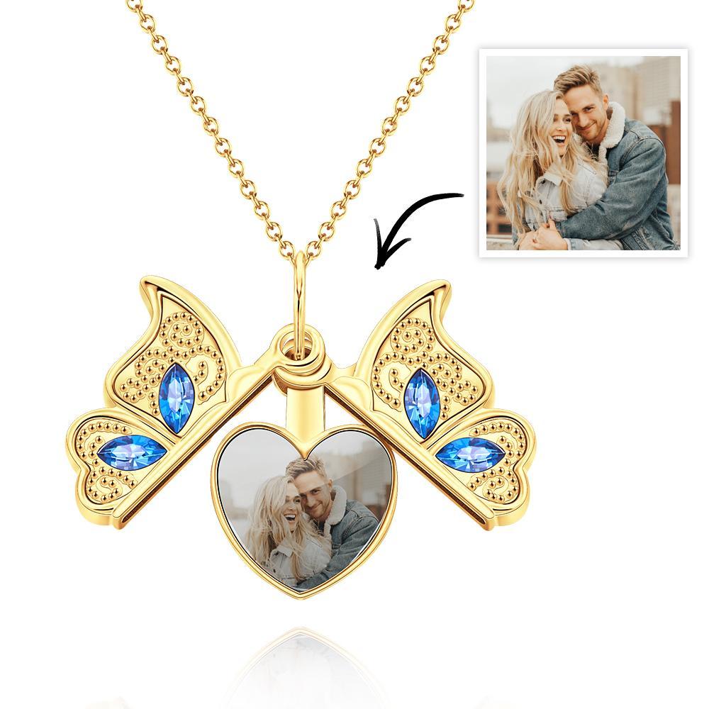 Custom Photo Necklace Butterfly Pendant Locket Necklace Gift for Women - soufeelau