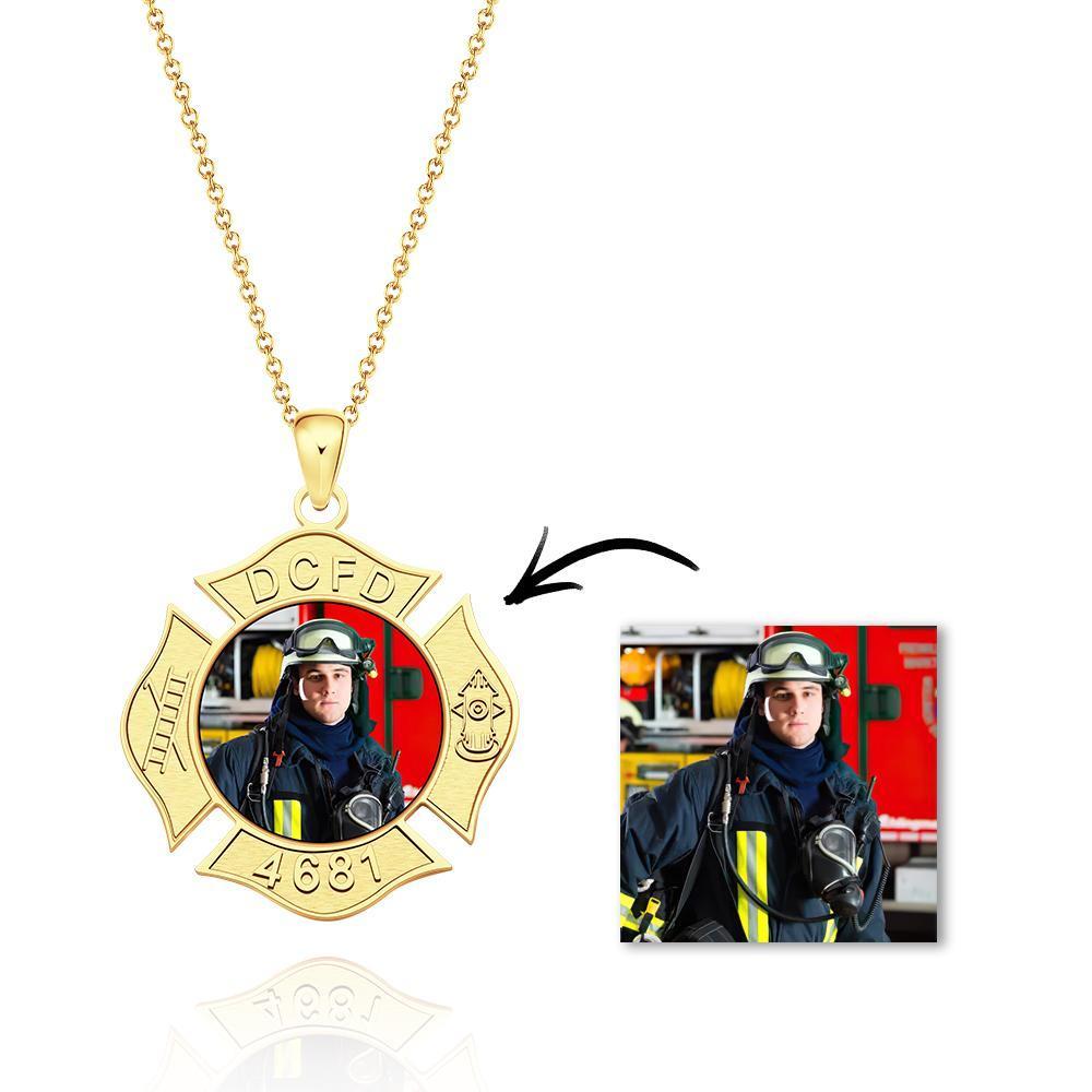 Custom Photo Engraved Fire Fighter Badge Photo Pendant Picture Charm with Name and Number - soufeelau