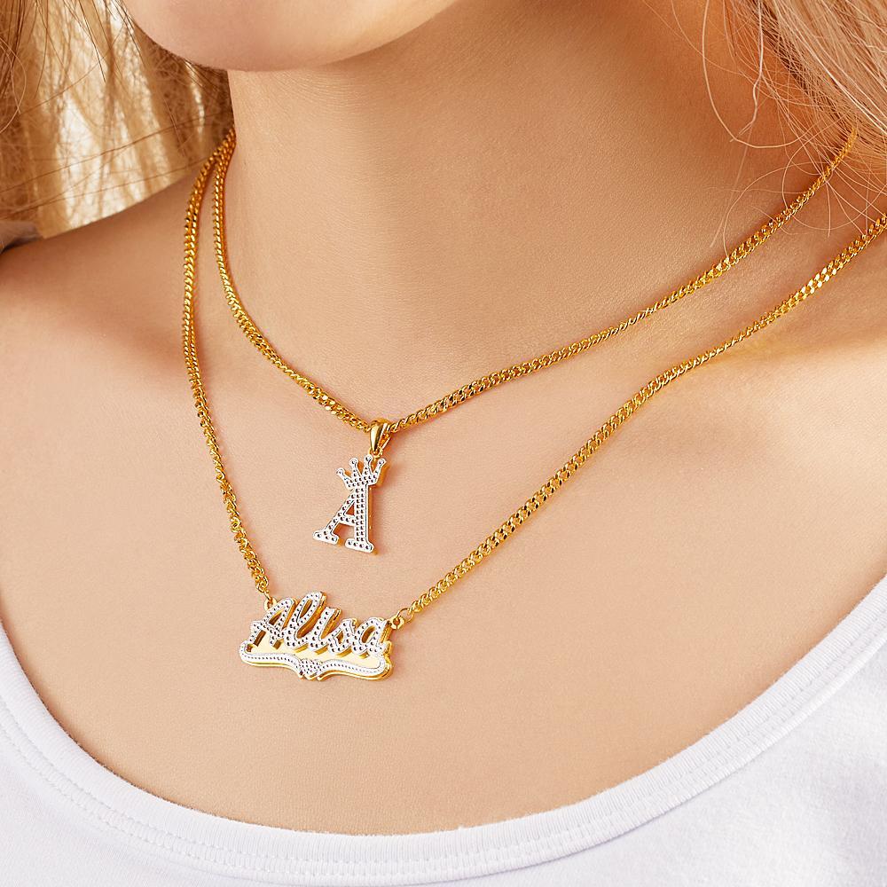 Custom Engraved Necklace Double Necklace Crown Letter Necklace Gift to Her - soufeelau