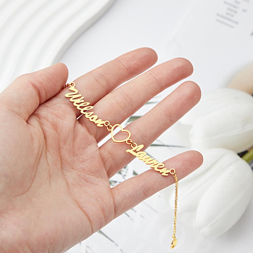 Custom Name Bracelet 18K Gold Plated Double Name Engraved Adjustable Personalized Name Bracelet Gift for Couples on Valentine’s Day