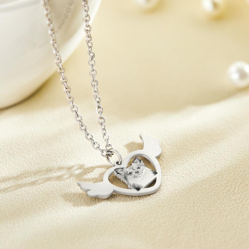 Custom Photo Engraved Necklace Angel Heart Shaped Wings Necklace Gift for Pet Lovers - soufeelau