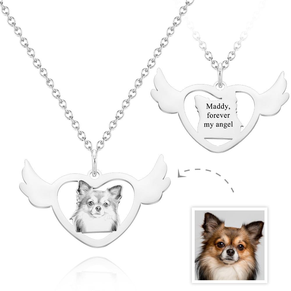 Custom Photo Engraved Necklace Angel Heart Shaped Wings Necklace Gift for Pet Lovers - soufeelau