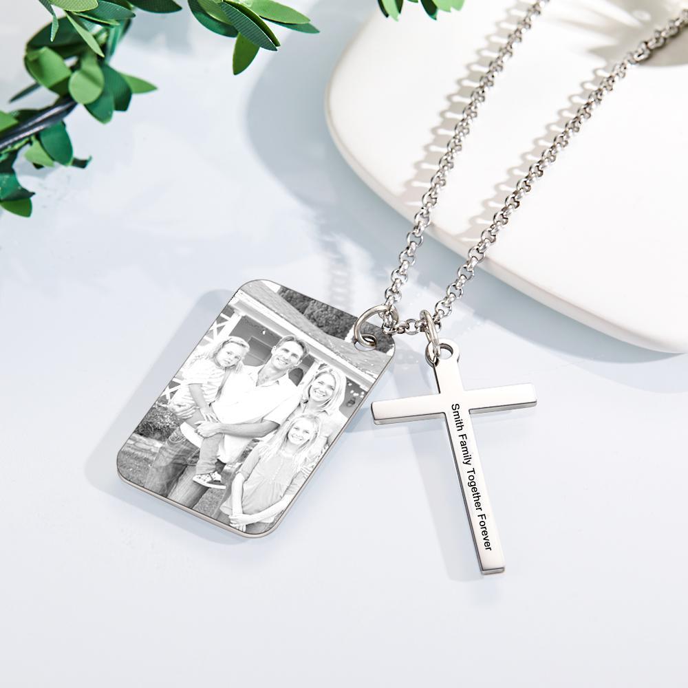 Personalized Photo Calendar Engraved Stainless Steel Cross Necklace Custom Message Pendant Father's Day Gift - soufeelau