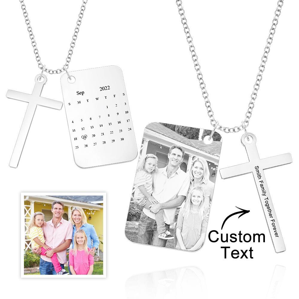 Personalized Photo Calendar Engraved Stainless Steel Cross Necklace Custom Message Pendant Father's Day Gift - soufeelau