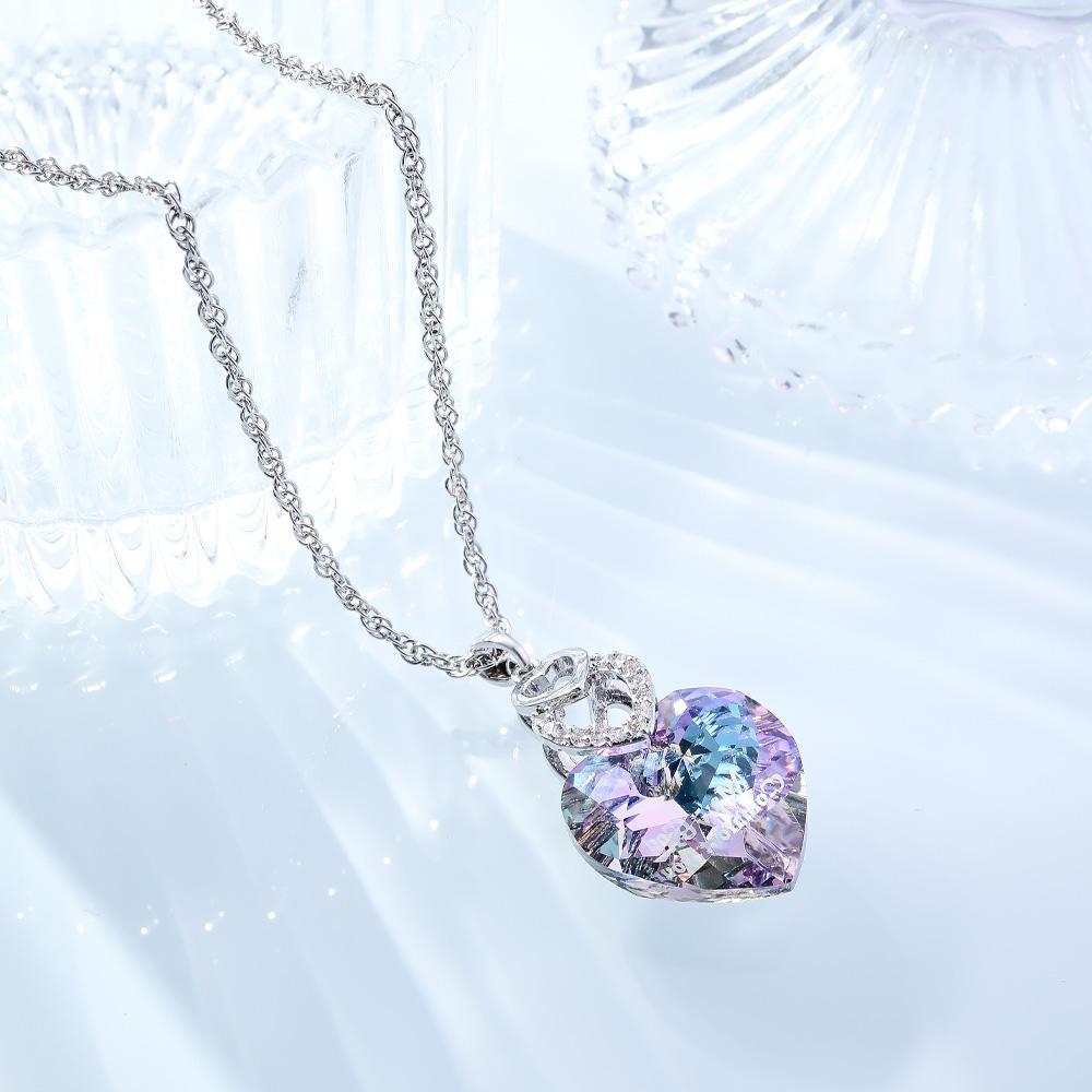 Custom Engraved Necklace Heart Colorful Light Crystal Delicate Gifts - soufeelau