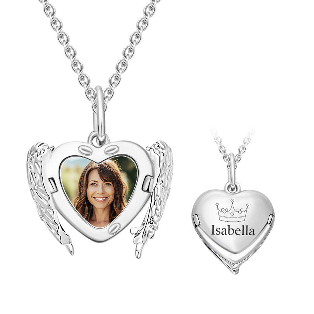 Custom Engraved Locket Necklace Angel Wings Pattern Gift for Her - soufeelau