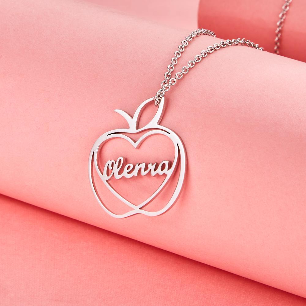 Custom Engraved Apple Name Necklace Stamped Jewelry with Apple Charm - soufeelau