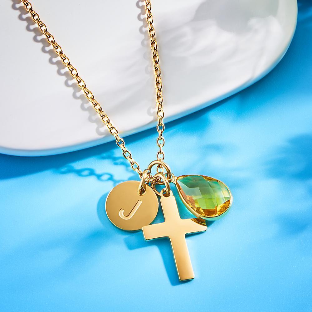 Custom Engraved Initial Cross Necklace Crucifix Pendant Initial and Birthstone Faith Necklace - soufeelau