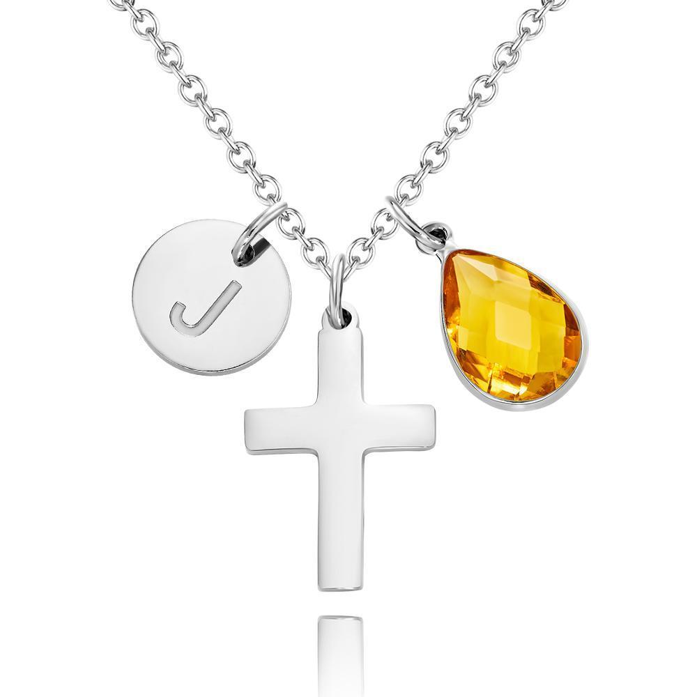 Custom Engraved Initial Cross Necklace Crucifix Pendant Initial and Birthstone Faith Necklace - soufeelau