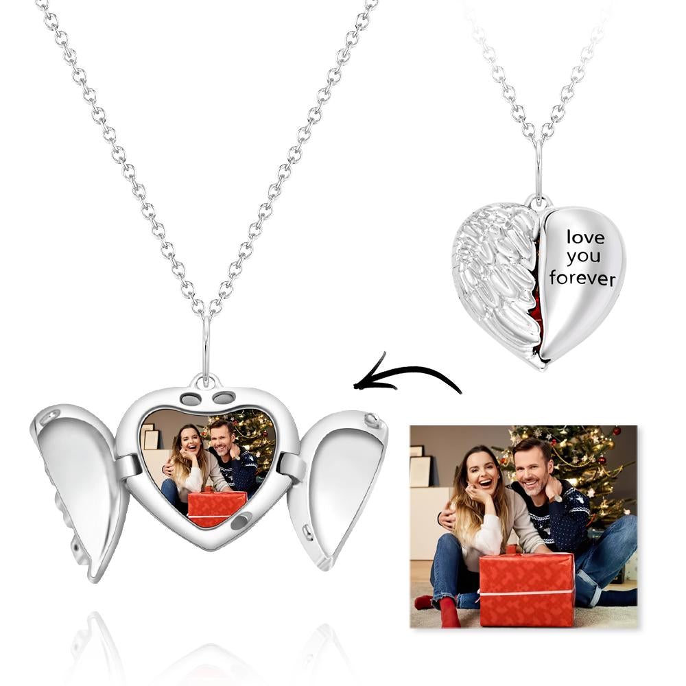 Custom Engraved Photo Necklace Heart-shaped Flip Angel Wings Gifts for Couples - soufeelau
