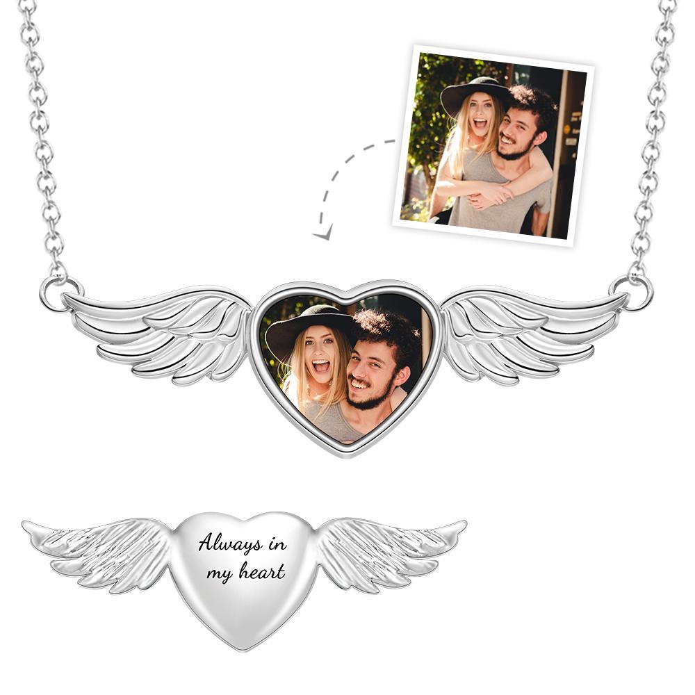 Custom Photo Engraved Necklace Love Wings Angel Couple Gifts - soufeelau