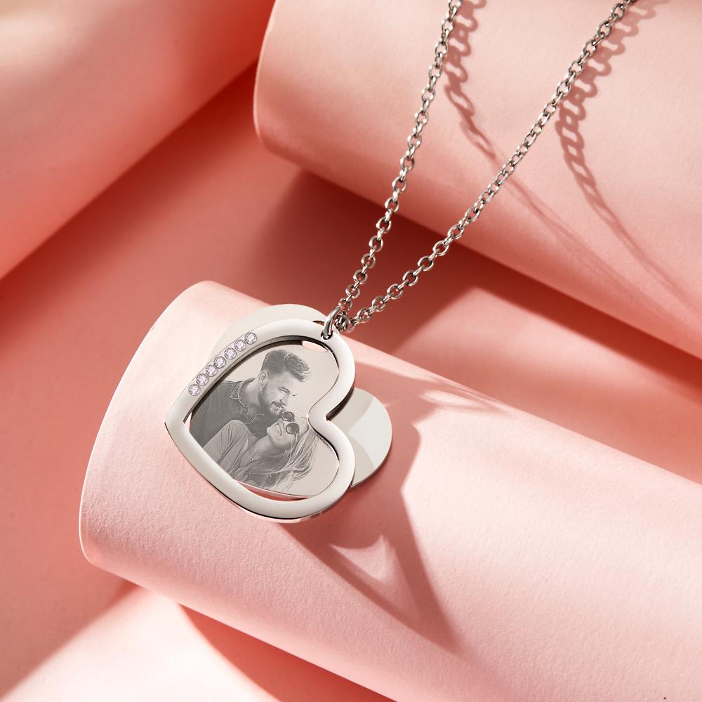 Custom Photo Engraved Necklace Double Layer Heart Shape Gifts - soufeelau