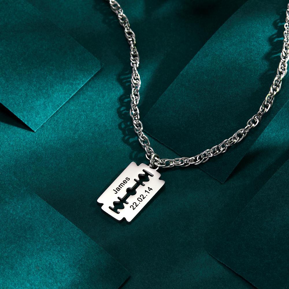 Custom Engraved Necklace Razor Blade Pendant Necklace Fashion Gift for Men - soufeelau