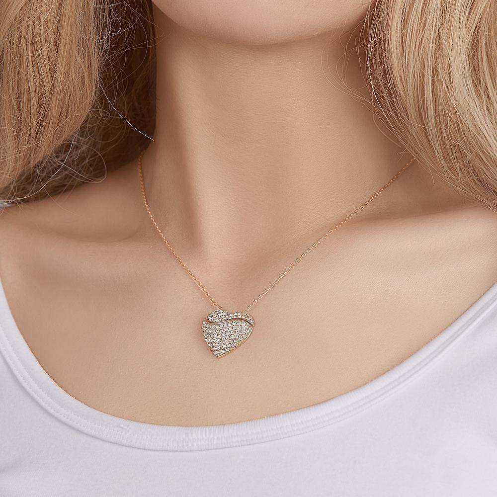 Custom Engraved Openable Message Necklace Heart Shaped Rhinestone Necklace - soufeelau