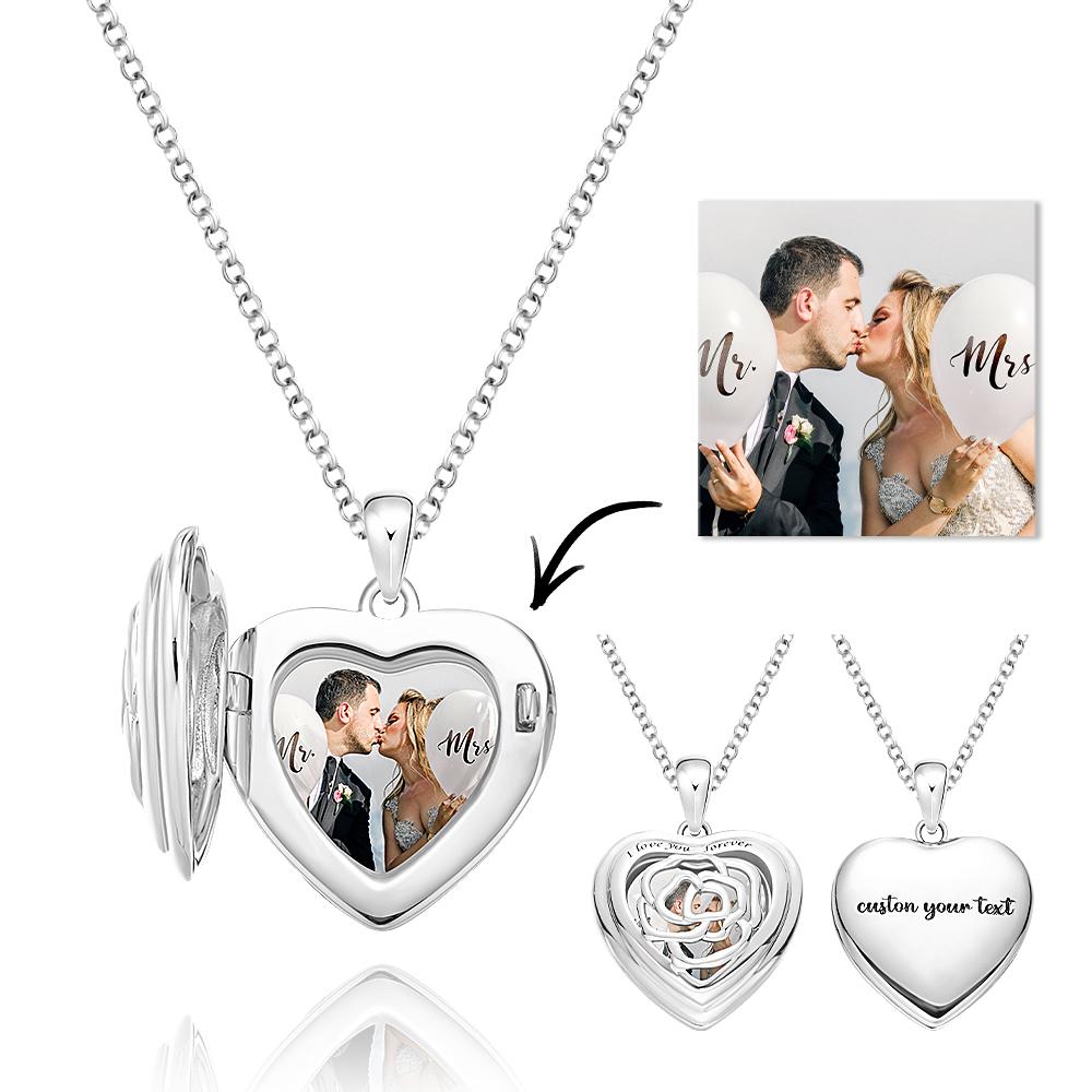 Custom Photo Engraved Necklace Heart Locket Rose Necklace Gift for Women - soufeelau