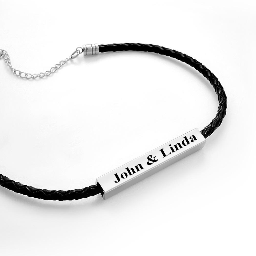 Custom Made Men's Leather Bracelet with Stainless Steel Engraved Bar Personalized ID Bracelet Gift for Him Men Dad Boyfriend Husband - soufeelau