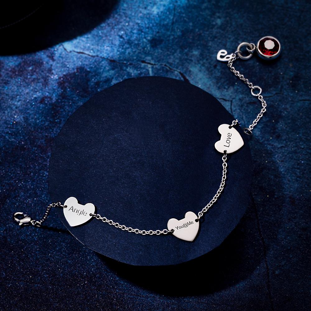 Engraved Three Hearts Bracelet with Custom Birthstone - Length Adjustable