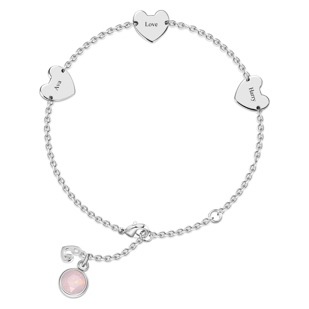 Engraved Three Hearts Bracelet with Custom Birthstone - Length Adjustable