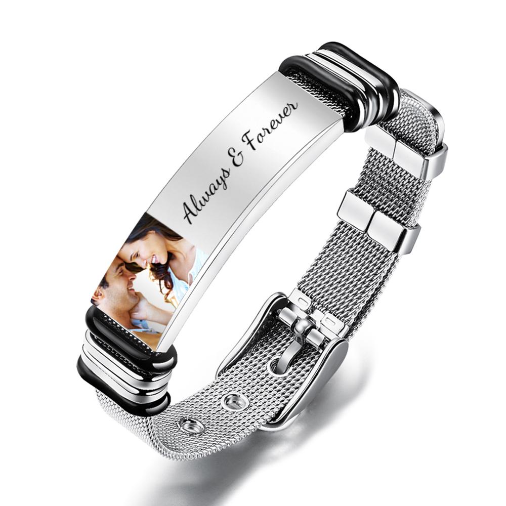 Custom Photo And Engraved Stainless Steel Bracelet Gift For Couples - soufeelau