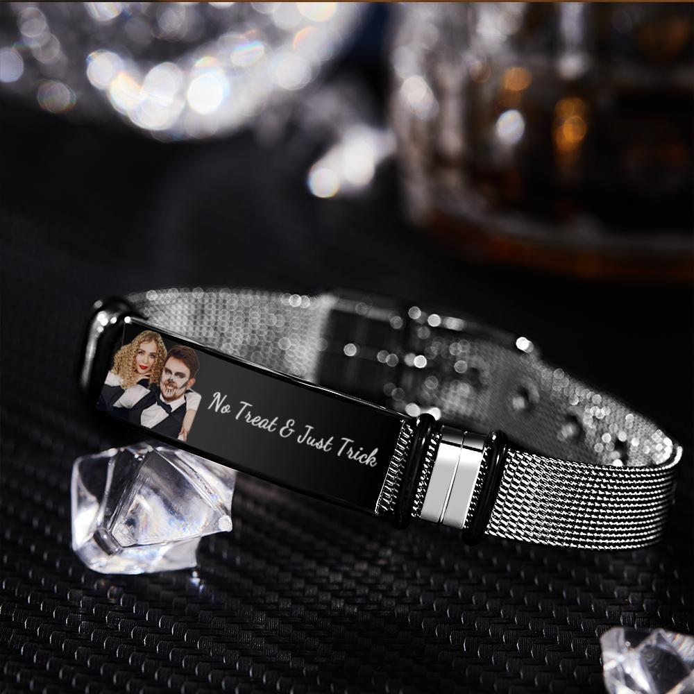 Custom Photo And Engraved Stainless Steel Bracelet Gift For Couples Halloween Gifts - soufeelau