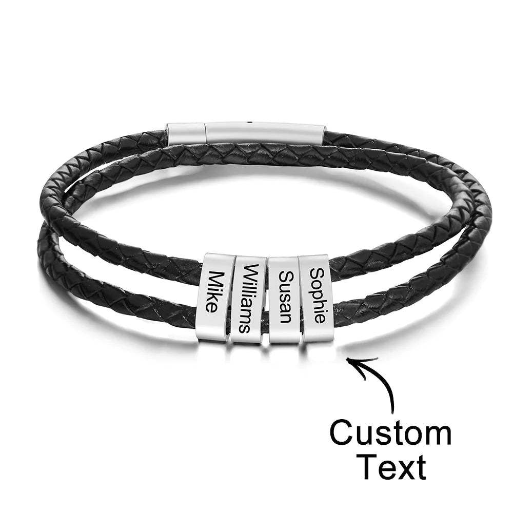 Custom Engraved Bracelet Beads Braided Leather Men's Gifts - soufeelau