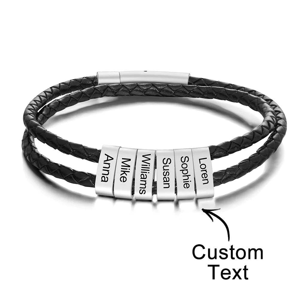 Custom Engraved Bracelet Beads Braided Leather Men's Gifts - soufeelau