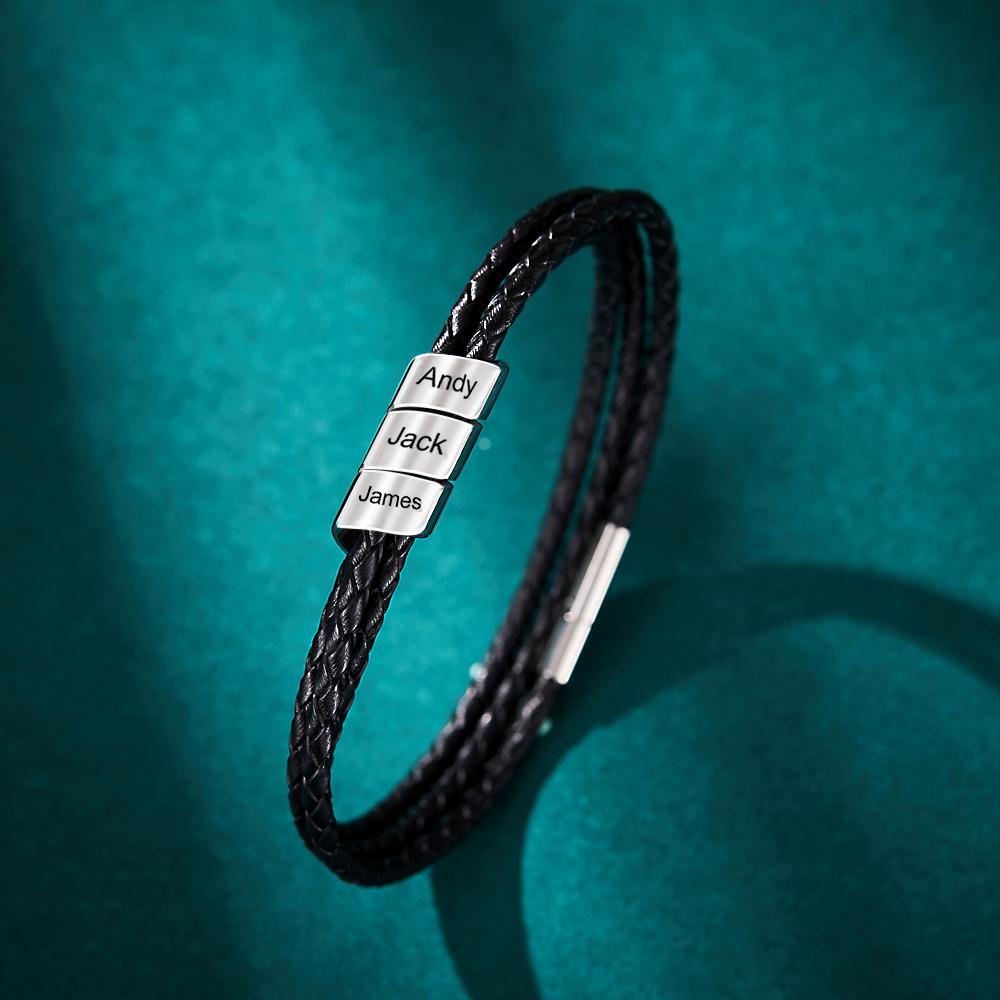 Personalized Braided Leather Bracelet Custom Name Fashion Multy Layer Bracelet for Men - soufeelau