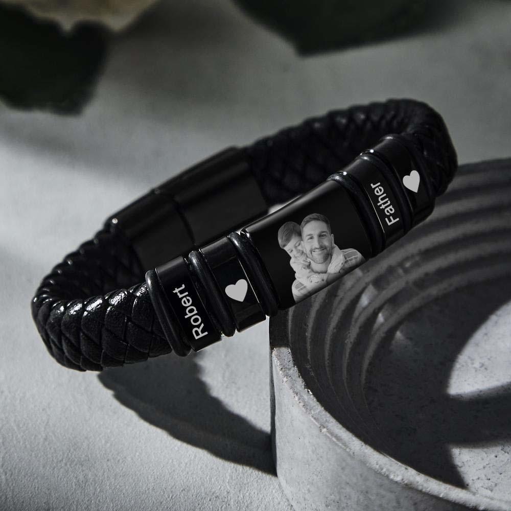 Custom Photo Engraved Bracelet Personalized Leather Men's Bracelet Father's Day Gift For Dad - soufeelau