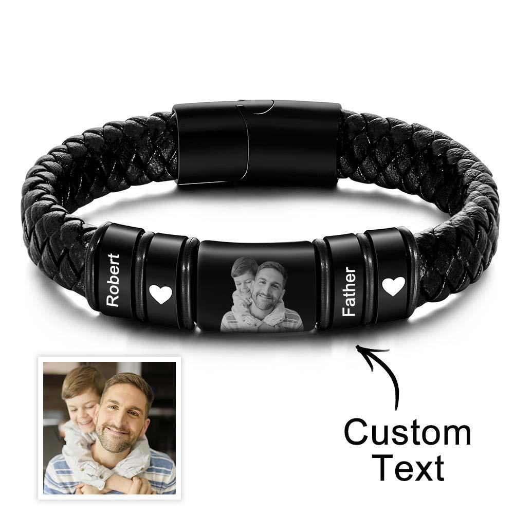 Custom Photo Engraved Bracelet Personalized Leather Men's Bracelet Father's Day Gift For Dad - soufeelau