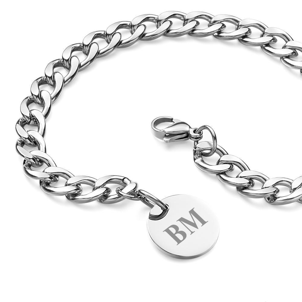 Engraved Initials Thick Cuban Chain Link Bracelet Stainless Steel Bracelet for Men - soufeelau