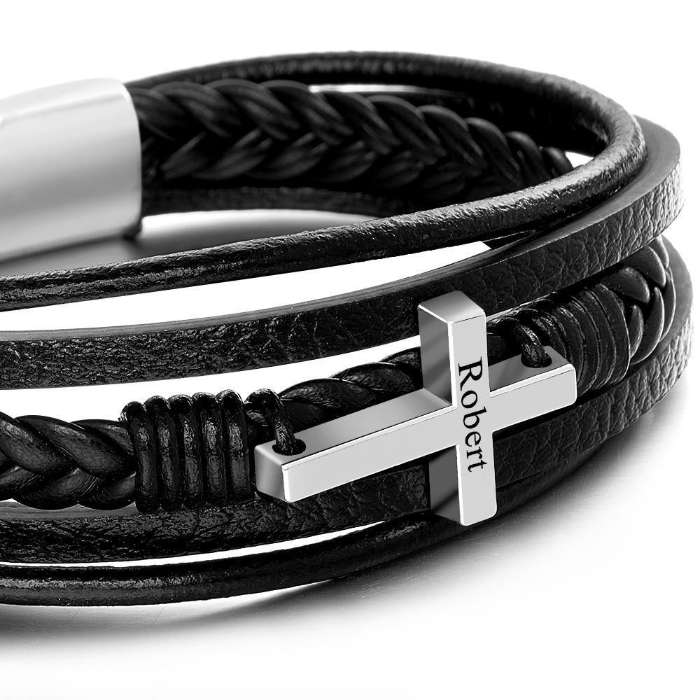 Classic Style Cross Men Bracelet Multi Layer Stainless Steel Leather Bangles for Friend Fashion Jewelry Gifts - soufeelau