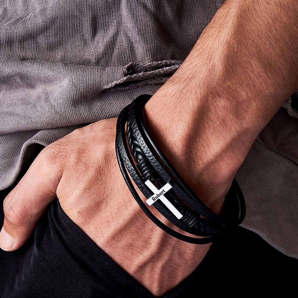 Classic Style Cross Men Bracelet Multi Layer Stainless Steel Leather Bangles for Friend Fashion Jewelry Gifts - soufeelau